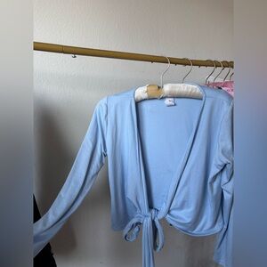 Vintage Blue wrap-around pilates top